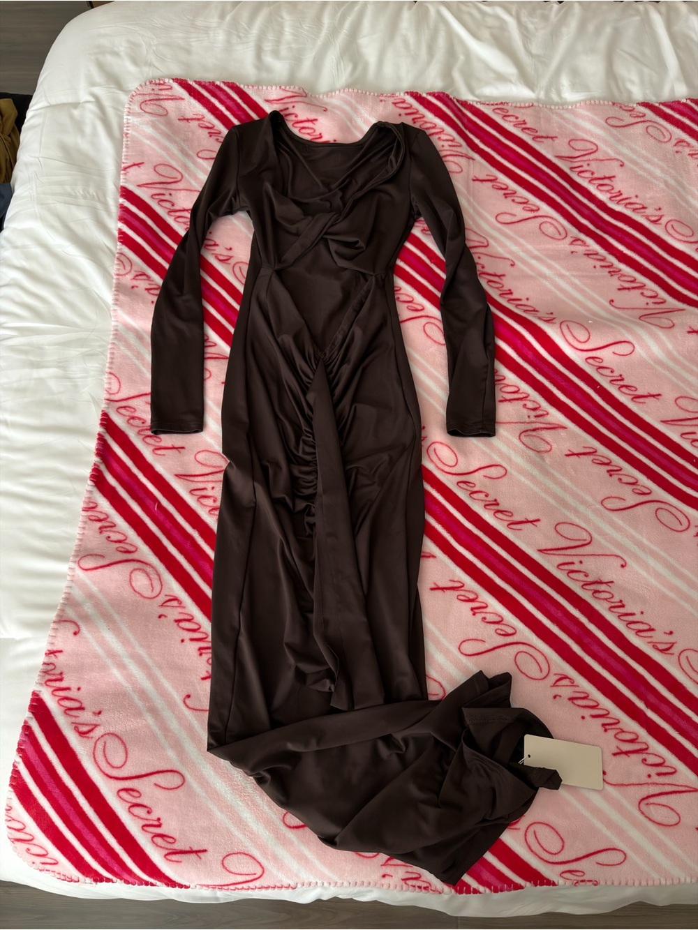 Long Sleeve Brown Ruched Maxi Dress